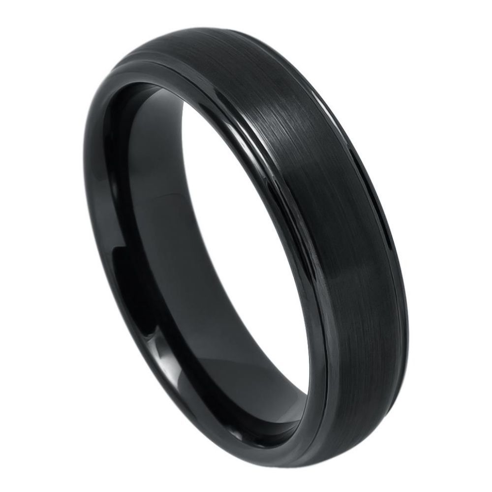 6mm Domed Tungsten Ring with Black IP Plated Brushed Center and Grooved Edge