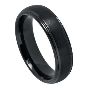 6mm Domed Tungsten Ring with Black IP Plated Brushed Center and Grooved Edge