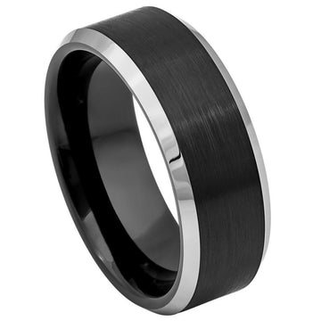 8mm Tungsten Ring – Black IP Plated Brushed Center with High Polished Steel Color Beveled Edge