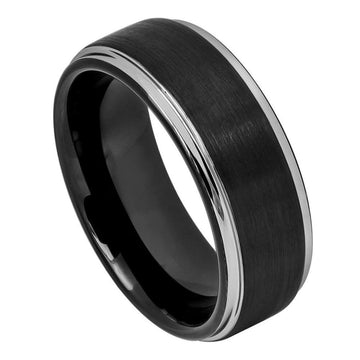 8mm Two-Tone Tungsten Ring with Black IP Brushed Center and Stepped Edge