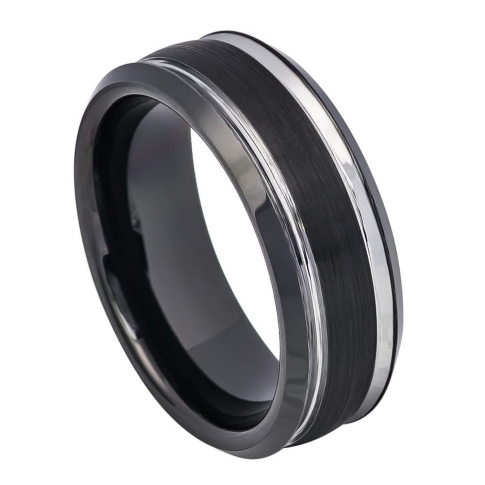 8mm Two-Tone Tungsten Ring with Black IP Brushed Center and Stepped Edge