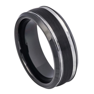 8mm Two-Tone Tungsten Ring with Black IP Brushed Center and Stepped Edge