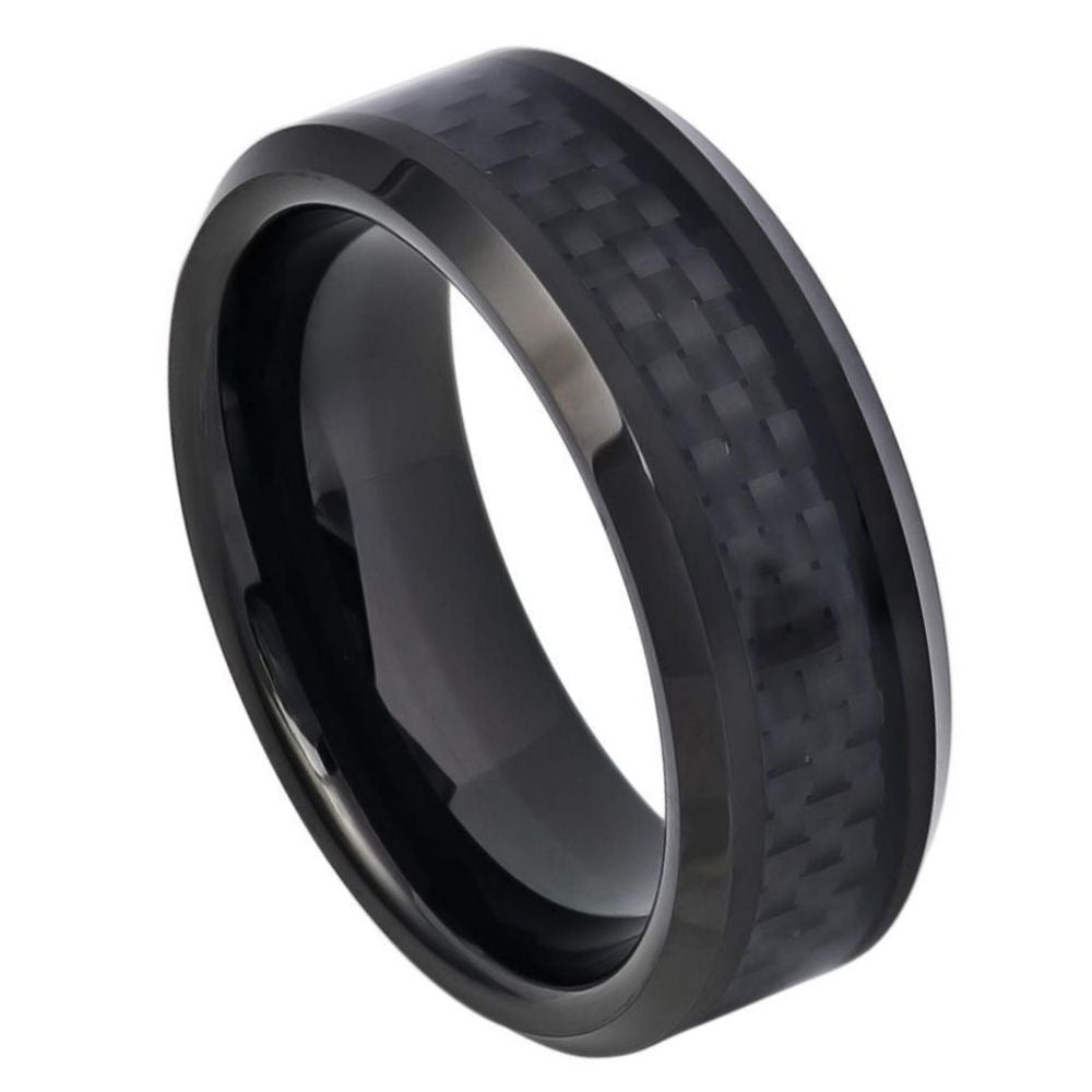 8mm Black Tungsten Ring with Black Carbon Fiber Inlay and Beveled Edge