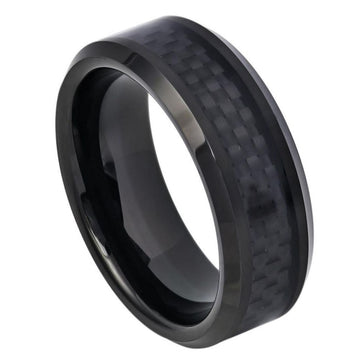 8mm Black Tungsten Ring with Black Carbon Fiber Inlay and Beveled Edge