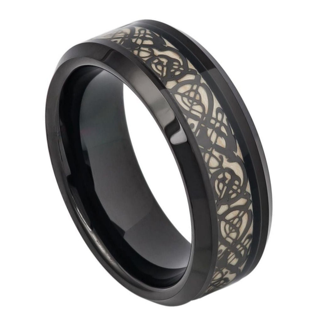 8mm Black IP Tungsten Celtic Cut-Out Inlay Ring