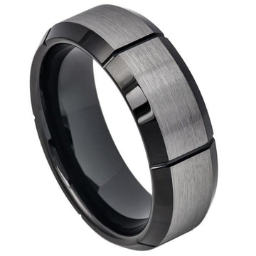 8mm Two-Tone Tungsten Ring with Brushed Center and Vertical Grooves