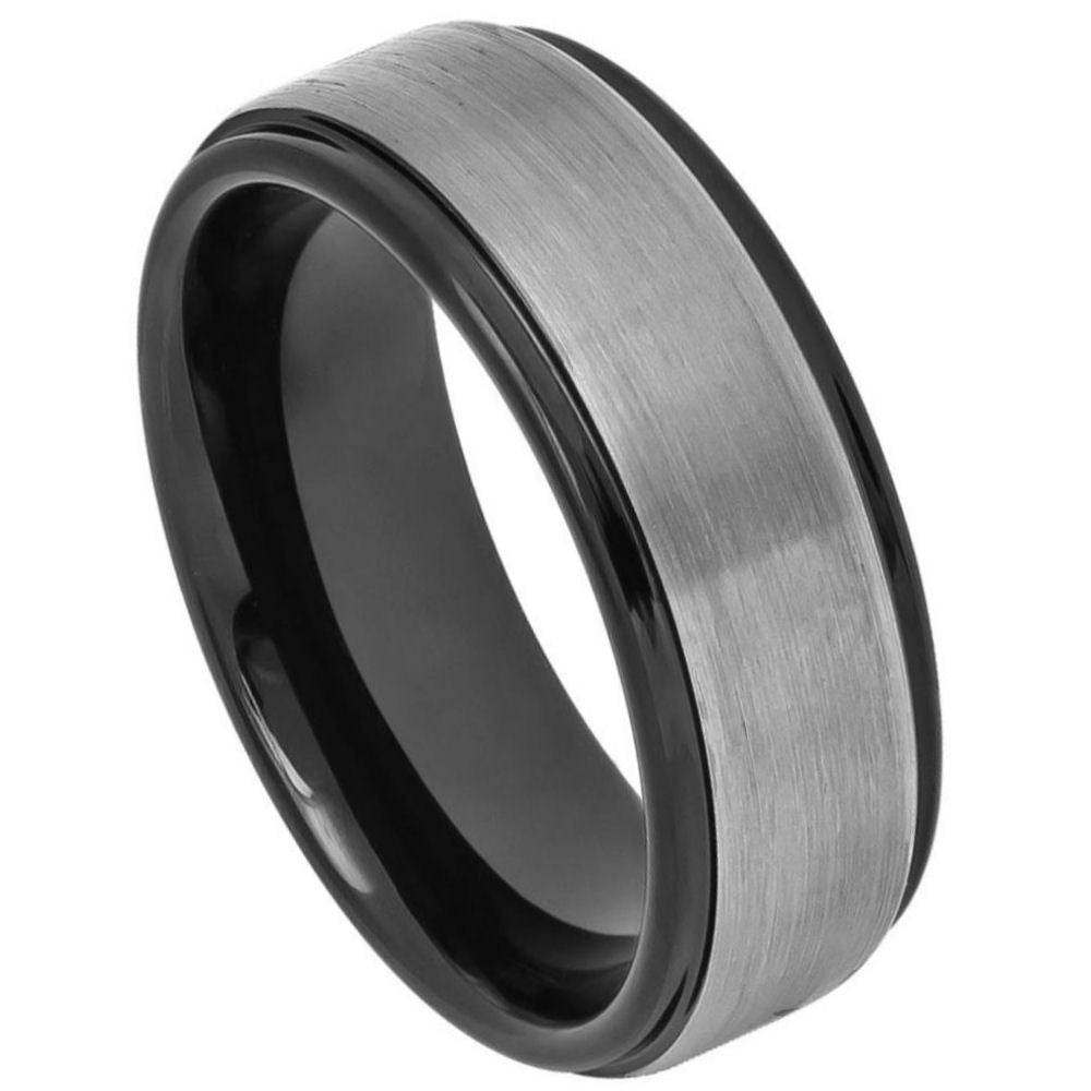 Tungsten Two-Tone Black IP Gun Metal Brushed Ring, 8mm