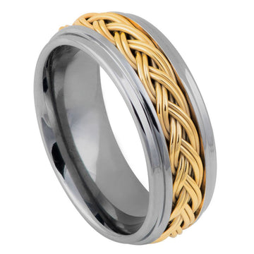8mm Tungsten Step Edge Ring with Yellow Gold IP Plated Double Braid Inlay
