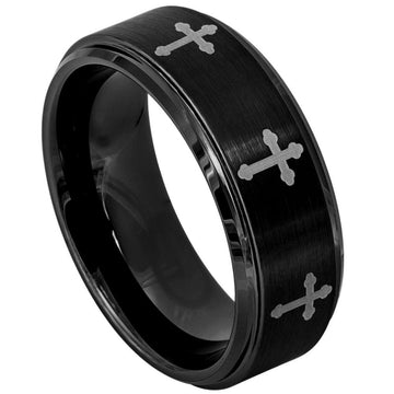8mm Black IP Plated Tungsten Ring with Brushed Center and Laser Engraved Crosses