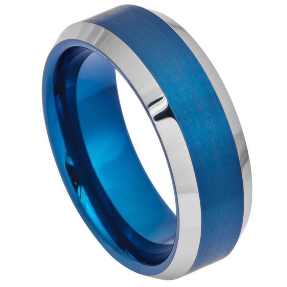 8mm Blue IP Tungsten Ring with Brushed Center and Beveled Edges