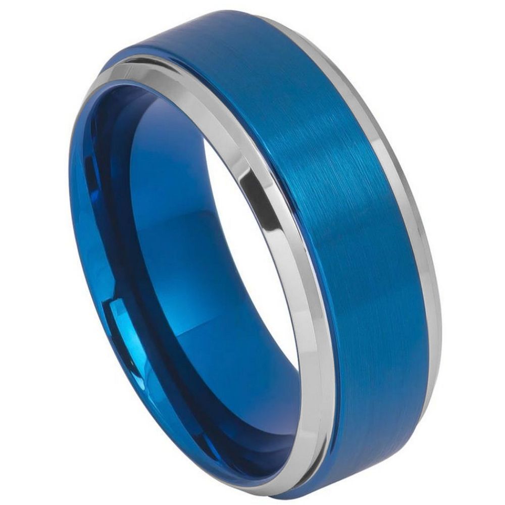 9mm Blue IP Tungsten Ring with Brushed Center and Stepped Beveled Edge