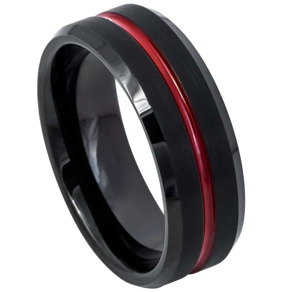 8mm Tungsten Ring with Red IP Plated Shiny Grooved Center and Black Brushed Beveled Edge