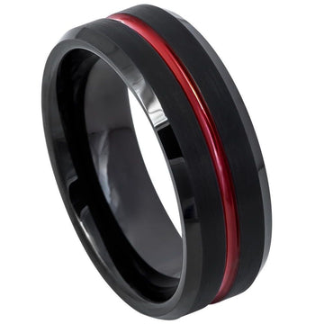 8mm Tungsten Ring with Red IP Plated Shiny Grooved Center and Black Brushed Beveled Edge