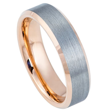 6mm Tungsten Ring with Brushed Gun Metal Finish and Rose Gold IP Plating