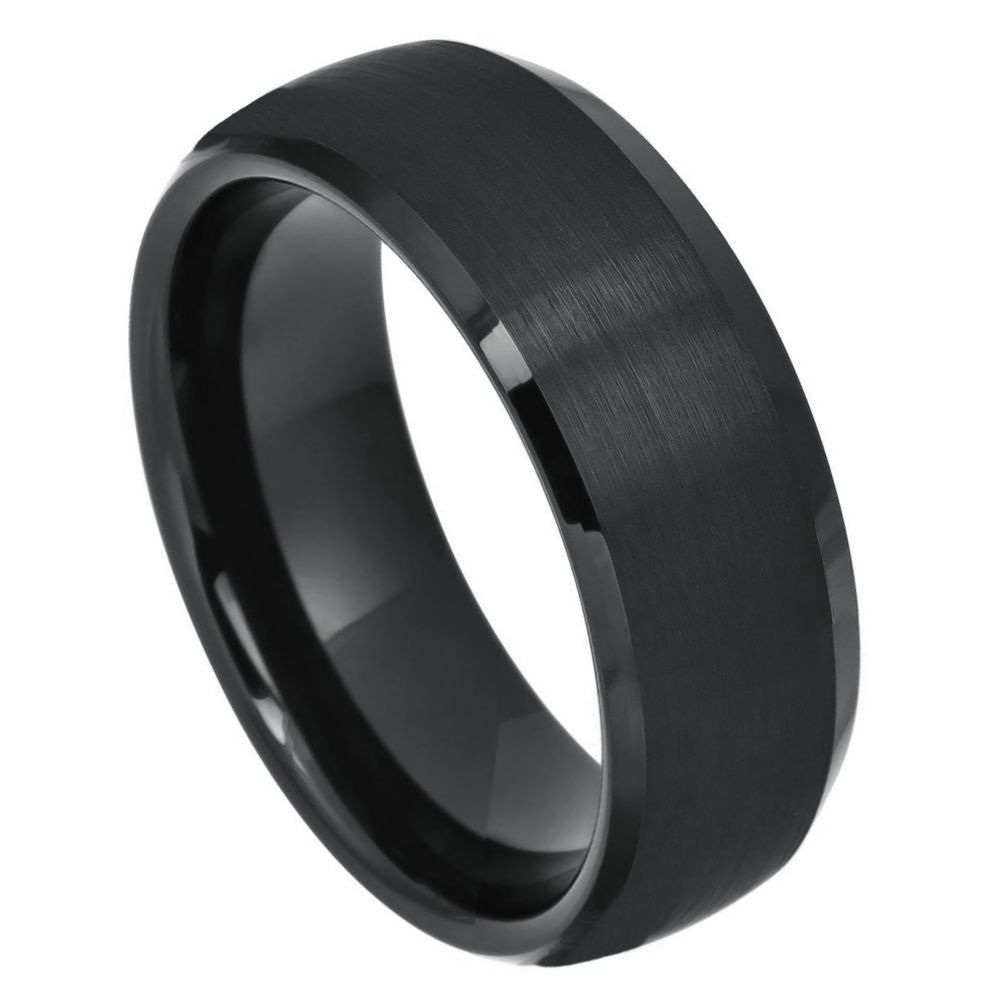 8mm Black IP Plated Tungsten Domed Ring with Brushed Center and Beveled Edge