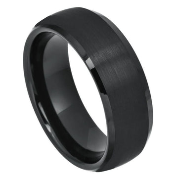 8mm Black IP Plated Tungsten Domed Ring with Brushed Center and Beveled Edge