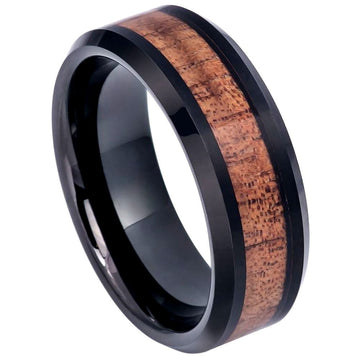 8mm Black IP Tungsten Ring with Hawaiian Koa Wood Inlay and Beveled Edge