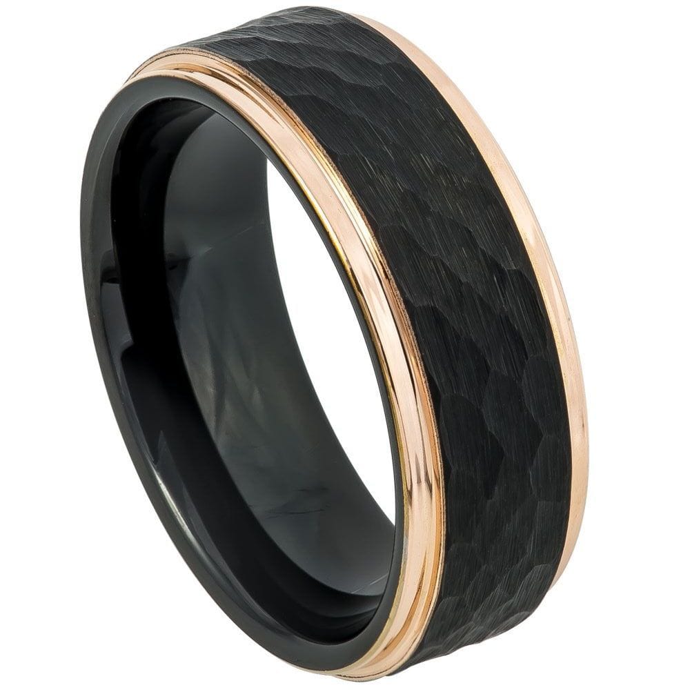 8mm Two-Tone Tungsten Ring with Black & Rose Gold IP Plating and Hammered Center