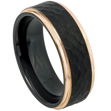 8mm Two-Tone Tungsten Ring with Black & Rose Gold IP Plating and Hammered Center