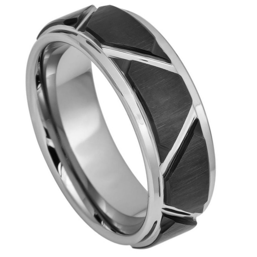 8mm Tungsten Two-Tone Black IP Brushed Ring with High-Polished Trapezoid Outlines