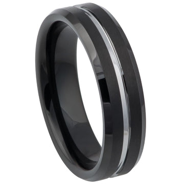 6mm Two-Tone Tungsten Ring with Black IP Brushed Finish and Grooved Center
