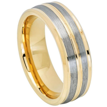 8mm Tungsten Yellow Gold IP Plated Pinstripe Ring with Gun Metal Finish and Low Beveled Edge