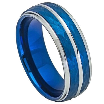 8mm Two-Tone Tungsten Ring with Blue IP Plated Hammered Finish and Beveled Edge