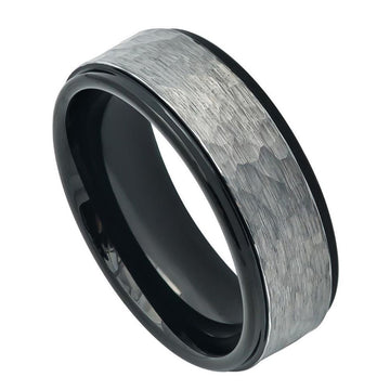 8mm Two-Tone Tungsten Ring with Hammered Gun Metal Brushed Finish and Black IP Inner Band