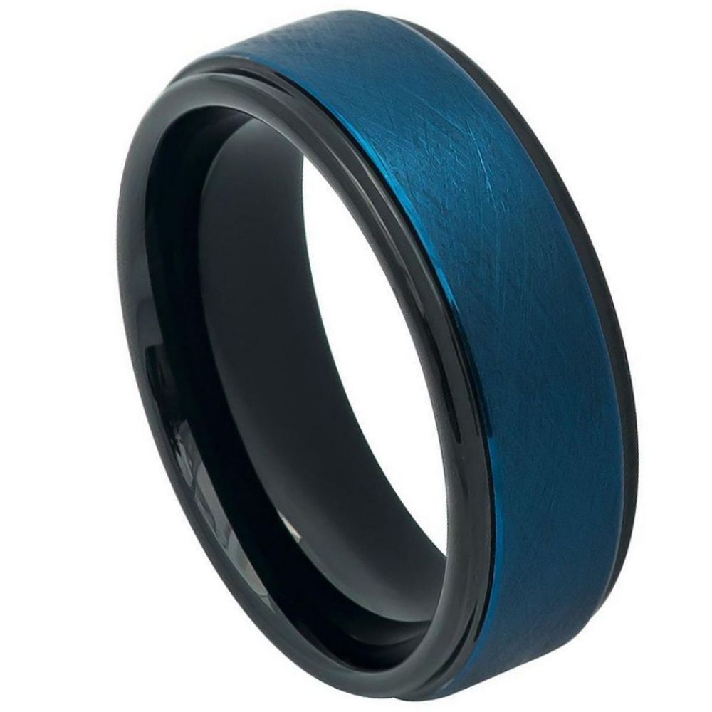 8mm Tungsten Ring – Blue Tone IP Plated, Wire Brushed Center, High Polished Stepped Edge