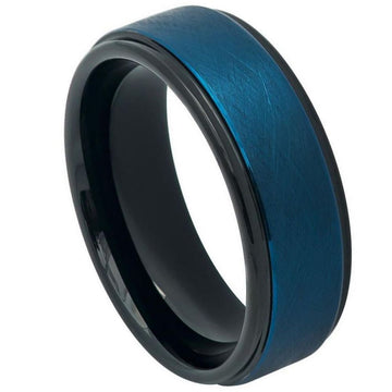 8mm Tungsten Ring – Blue Tone IP Plated, Wire Brushed Center, High Polished Stepped Edge