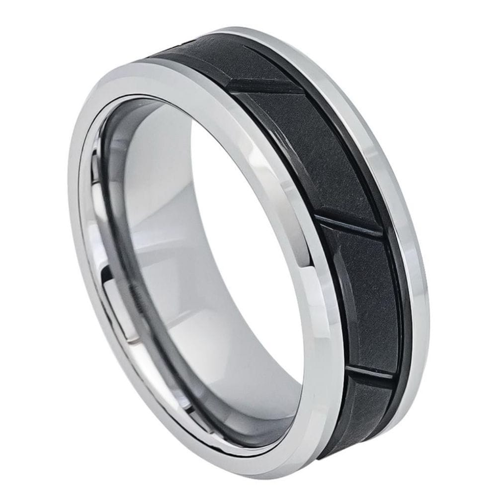 Tungsten Two-Tone Black IP Ring with Diagonal Grooves, 8mm