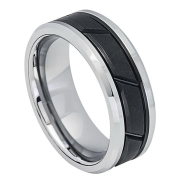 Tungsten Two-Tone Black IP Ring with Diagonal Grooves, 8mm