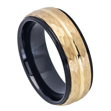8mm Tungsten Ring with Black IP Inside, Yellow Gold IP Hammered Finish & Center Groove