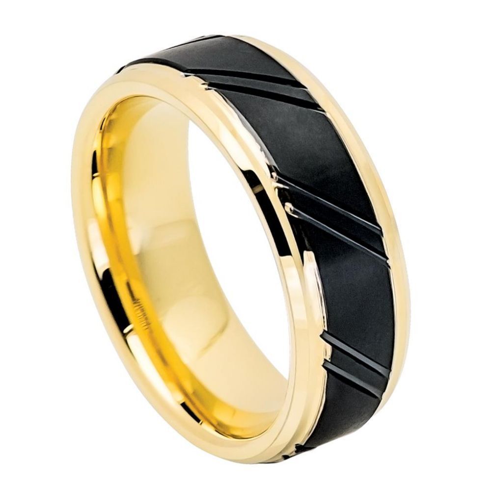 8mm Tungsten Ring with Yellow Gold IP Plated Inner Ring, Stepped Edge & Black IP Diagonally Grooved Brushed Center