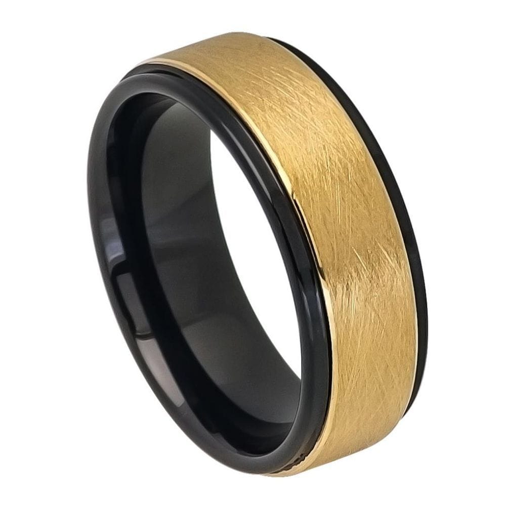 8mm Two-Tone Tungsten Ring with Black IP and Yellow Gold IP Stepped Edge