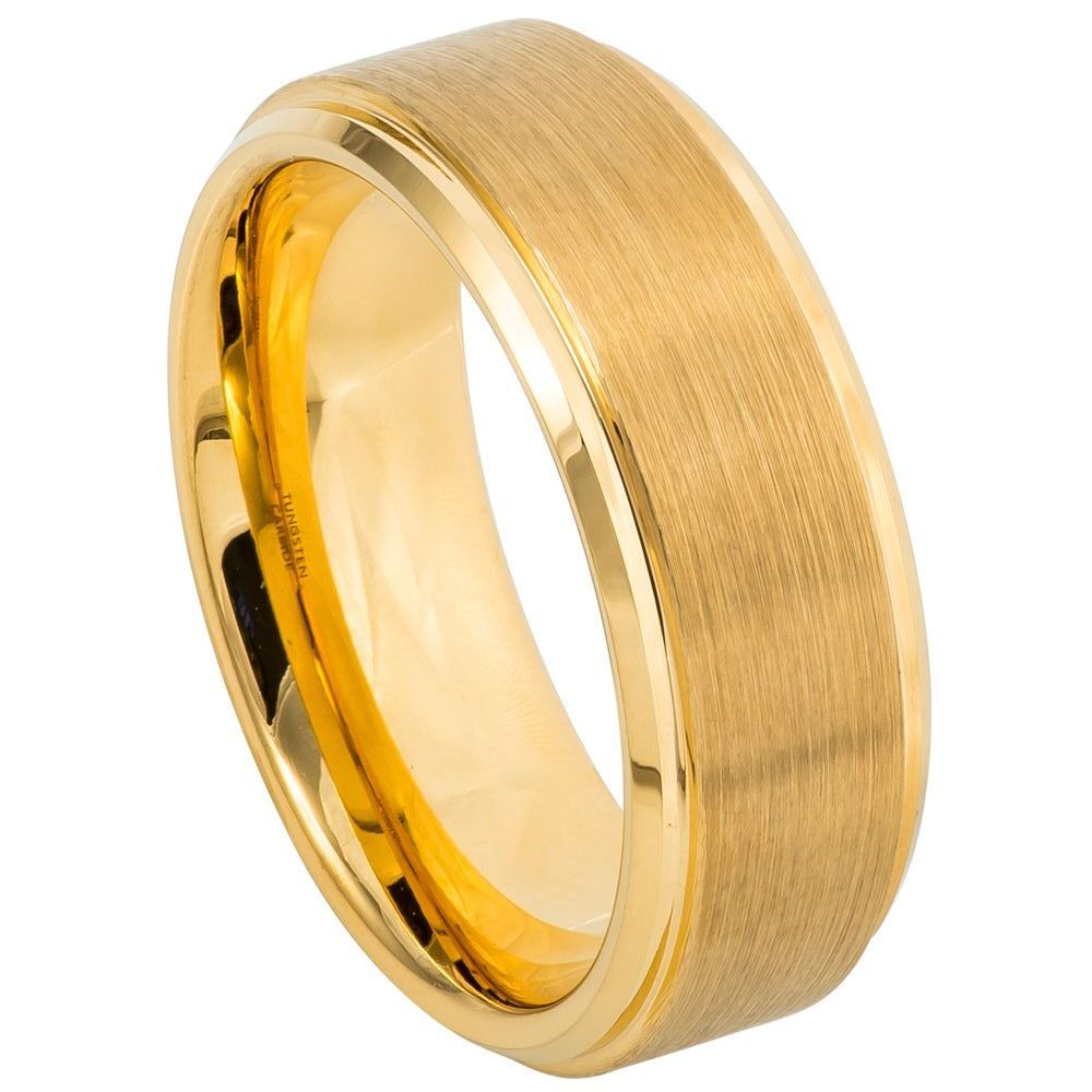 8mm Tungsten Ring Yellow Gold IP Plated Flat Brushed Center with High Polish Stepped Edge