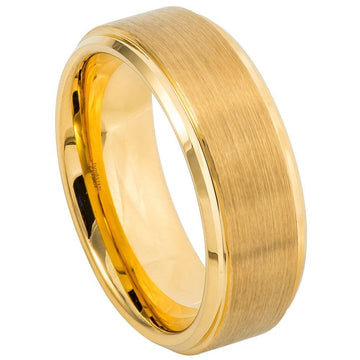 8mm Tungsten Ring Yellow Gold IP Plated Flat Brushed Center with High Polish Stepped Edge