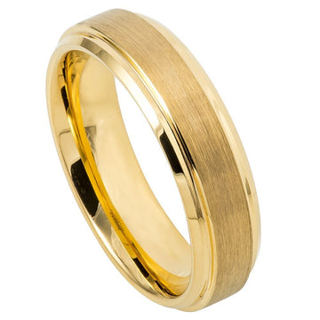 6mm Tungsten Ring Yellow Gold IP Plated Flat Brushed Center with High Polish Stepped Edge