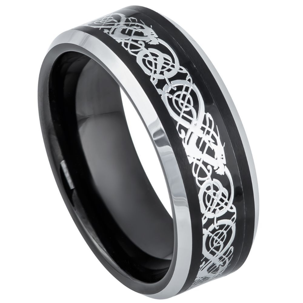 8mm Black IP Tungsten Ring with Celtic Cut-Out Inlay and Beveled Edge