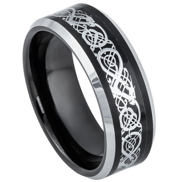 8mm Black IP Tungsten Ring with Celtic Cut-Out Inlay and Beveled Edge