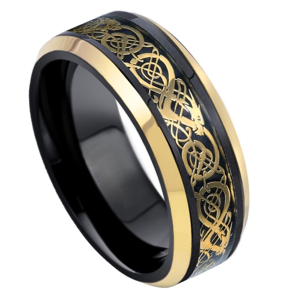 8mm Two-Tone Tungsten Ring with Celtic Cut-Out Design and Beveled Edge