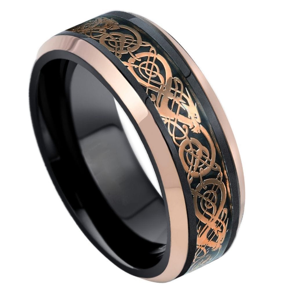 8mm Two-Tone Tungsten Celtic Dragon Cut-Out Ring – Black & Rose Gold IP Plated