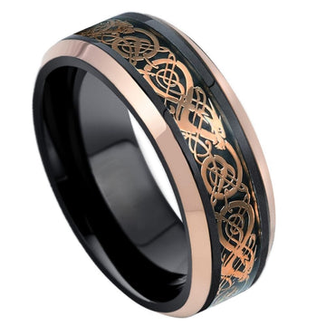8mm Two-Tone Tungsten Celtic Dragon Cut-Out Ring – Black & Rose Gold IP Plated