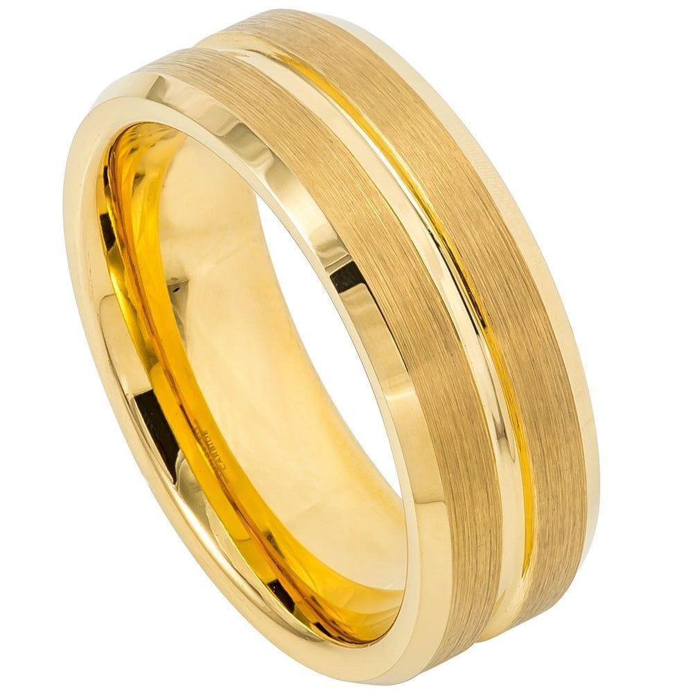 8mm Tungsten Ring with Yellow Gold IP Plated Grooved Center and Brushed Beveled Edge