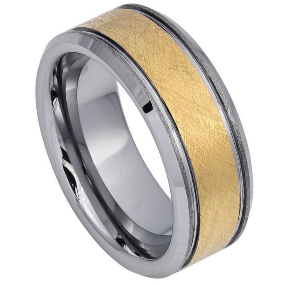 8mm Tungsten Ring with Yellow Gold IP Plating, Wire Brushed Center & Beveled Edge