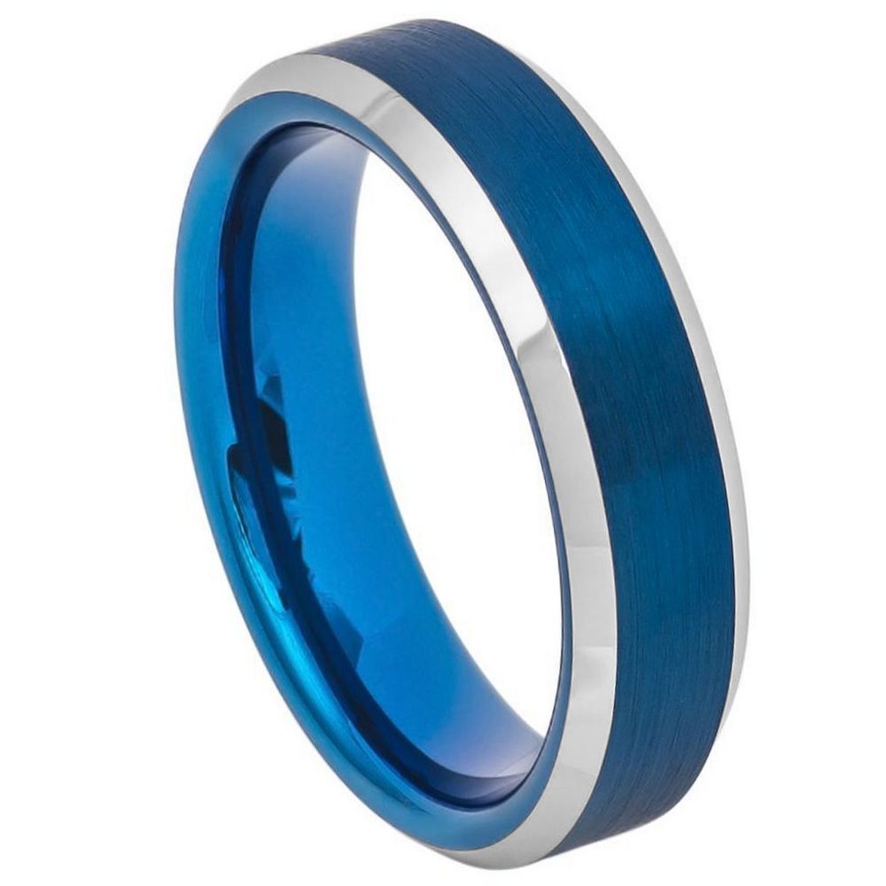 Tungsten Blue IP Brushed Center Beveled Edge Ring – 6mm