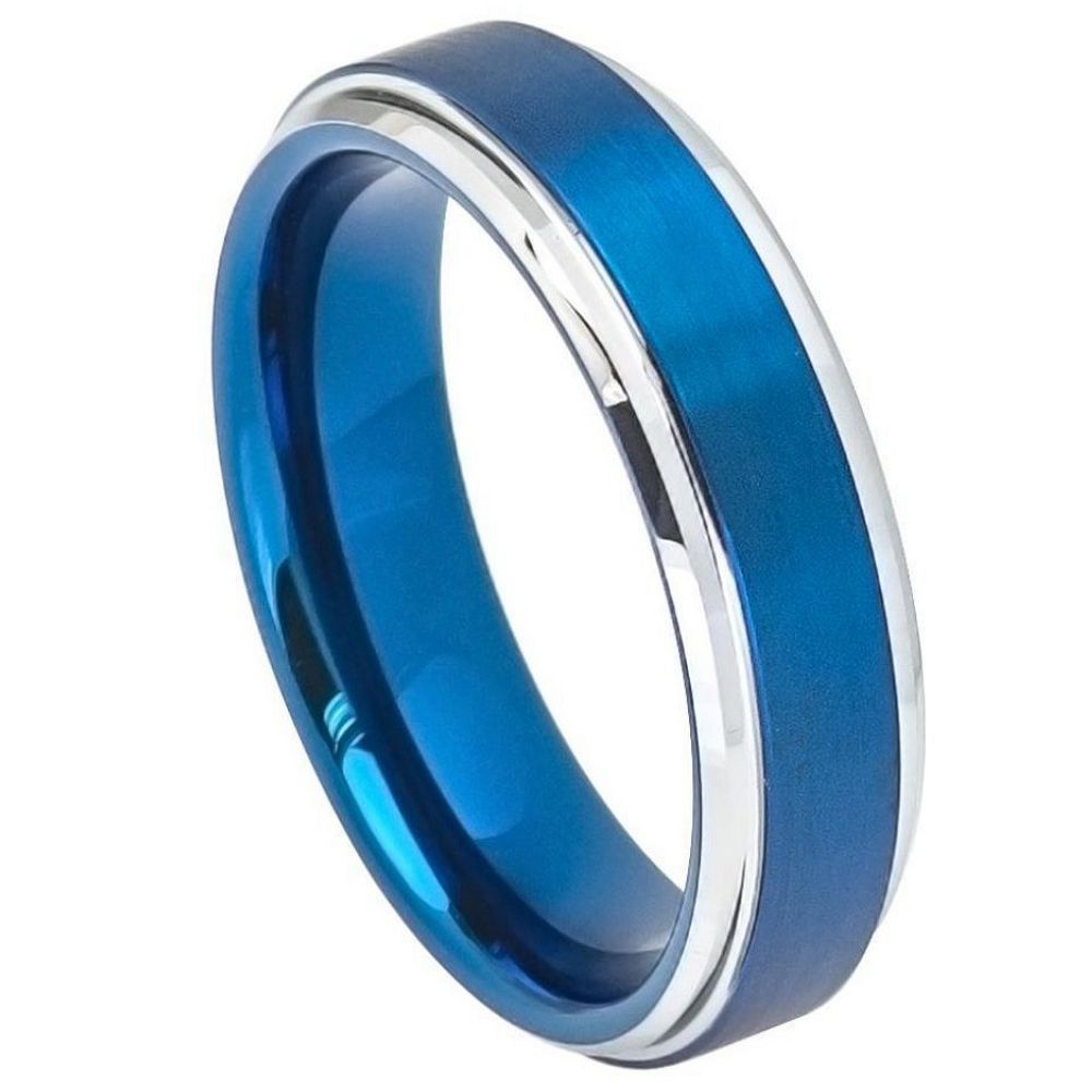 6mm Tungsten Ring with Blue IP Brushed Center and Polished Beveled Edge