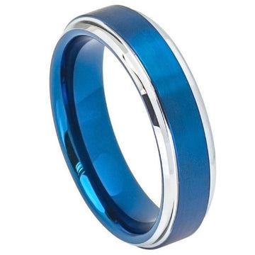 6mm Tungsten Ring with Blue IP Brushed Center and Polished Beveled Edge