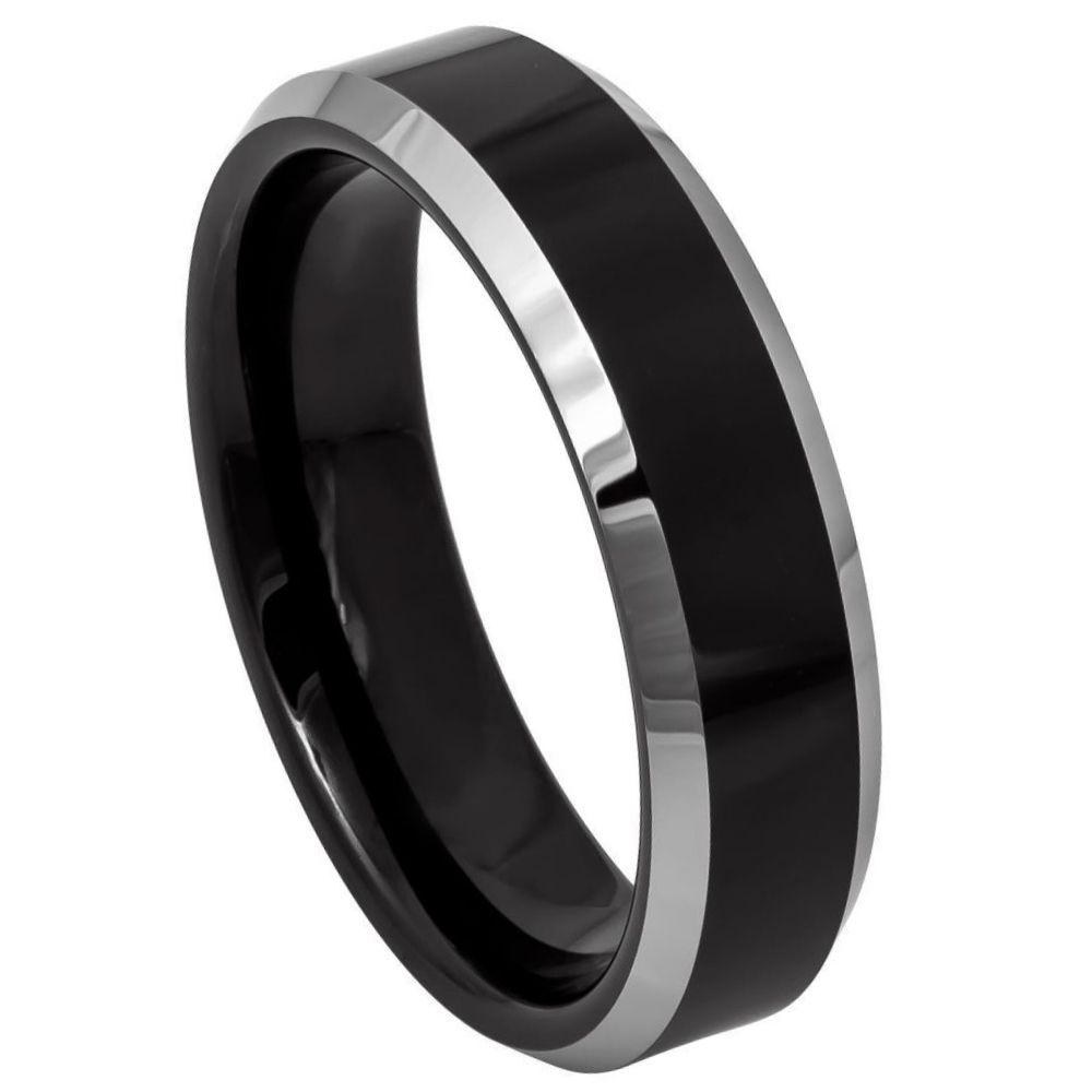 6mm Black IP Plated Tungsten Ring with High Polished Steel Color Beveled Edge