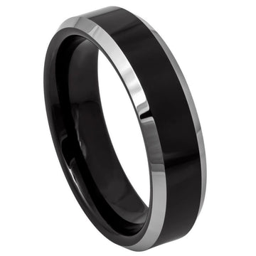 6mm Black IP Plated Tungsten Ring with High Polished Steel Color Beveled Edge